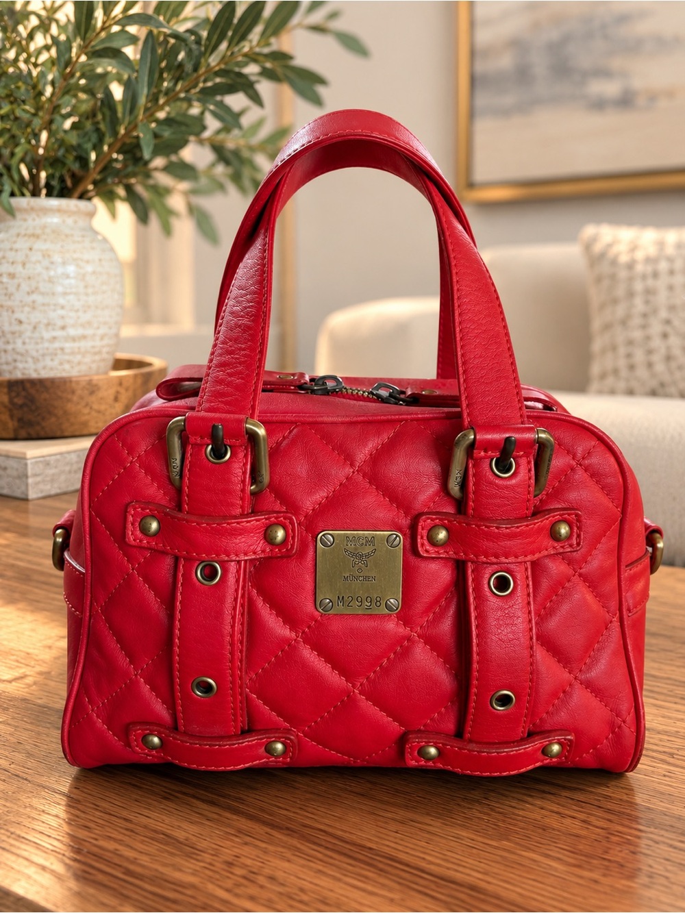 MCM Red Quilted Top-Handle Satchel